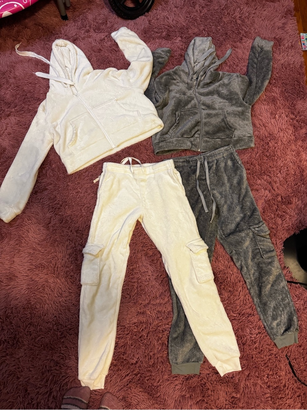 Cozy Plush Hooded Sweatshirt & Cargo Joggers Set - Ivory and Charcoal